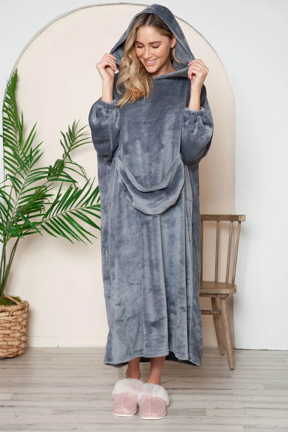 Double Take Full Size Pocketed Hooded Midi Lounge Dress - IntuitiveEncBoutique