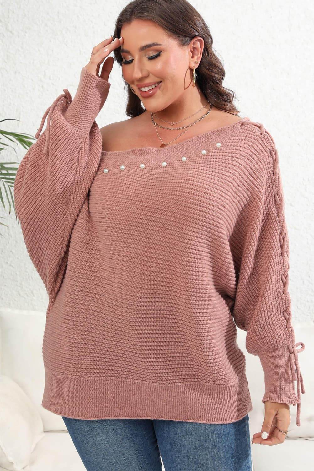 Plus Size One Shoulder Beaded Sweater - IntuitiveEncBoutique