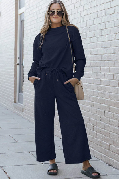 Double Take Full Size Textured Long Sleeve Top and Drawstring Pants Set - IntuitiveEncBoutique