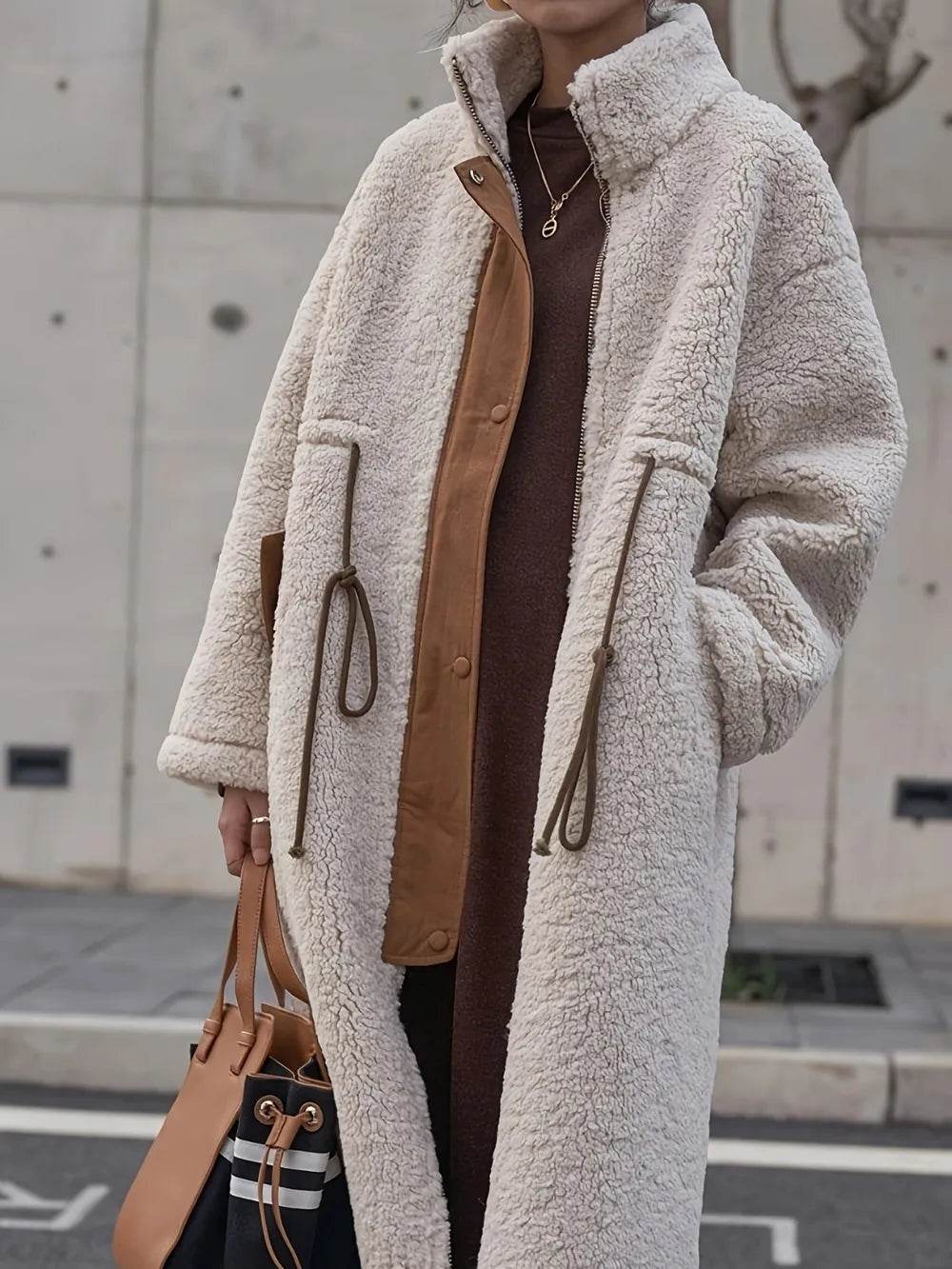 Plus Size Drawstring Zip Up Turtleneck Sherpa Coat - IntuitiveEncBoutique