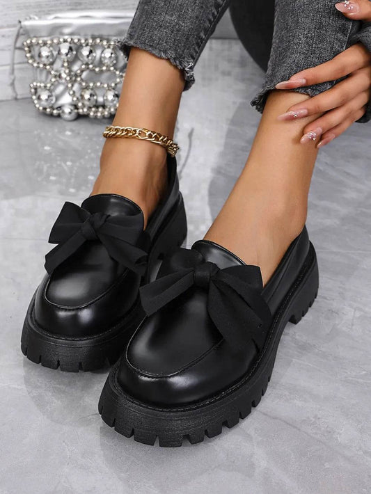 Bow PU Leather Round Toe Loafers - IntuitiveEncBoutique
