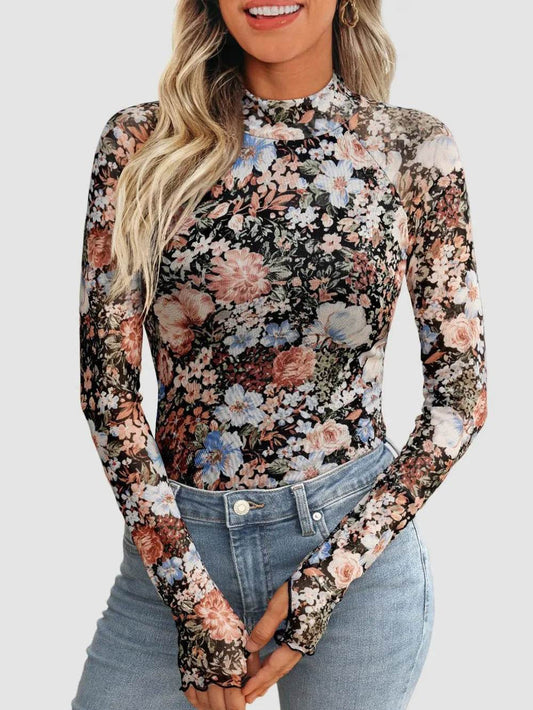 Floral Mock Neck Long Sleeve T-Shirt - IntuitiveEncBoutique