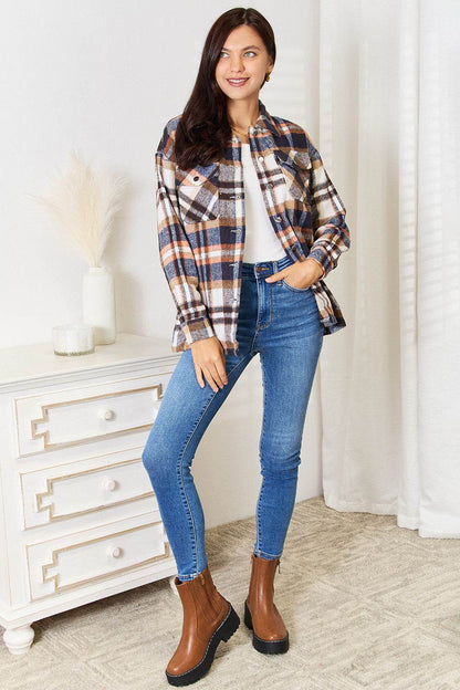 Double Take Plaid Button Front Shirt Jacket with Breast Pockets - IntuitiveEncBoutique