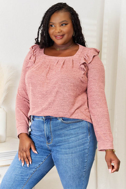 Double Take Square Neck Ruffle Shoulder Long Sleeve T-Shirt - IntuitiveEncBoutique