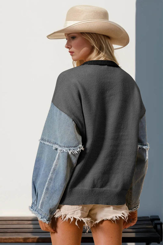 Double Take Full Size Star Pattern Raw Edge Long Sleeve Sweater - IntuitiveEncBoutique