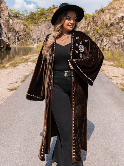 Plus Size Embroidery Open Front Long Sleeve Cardigan - IntuitiveEncBoutique