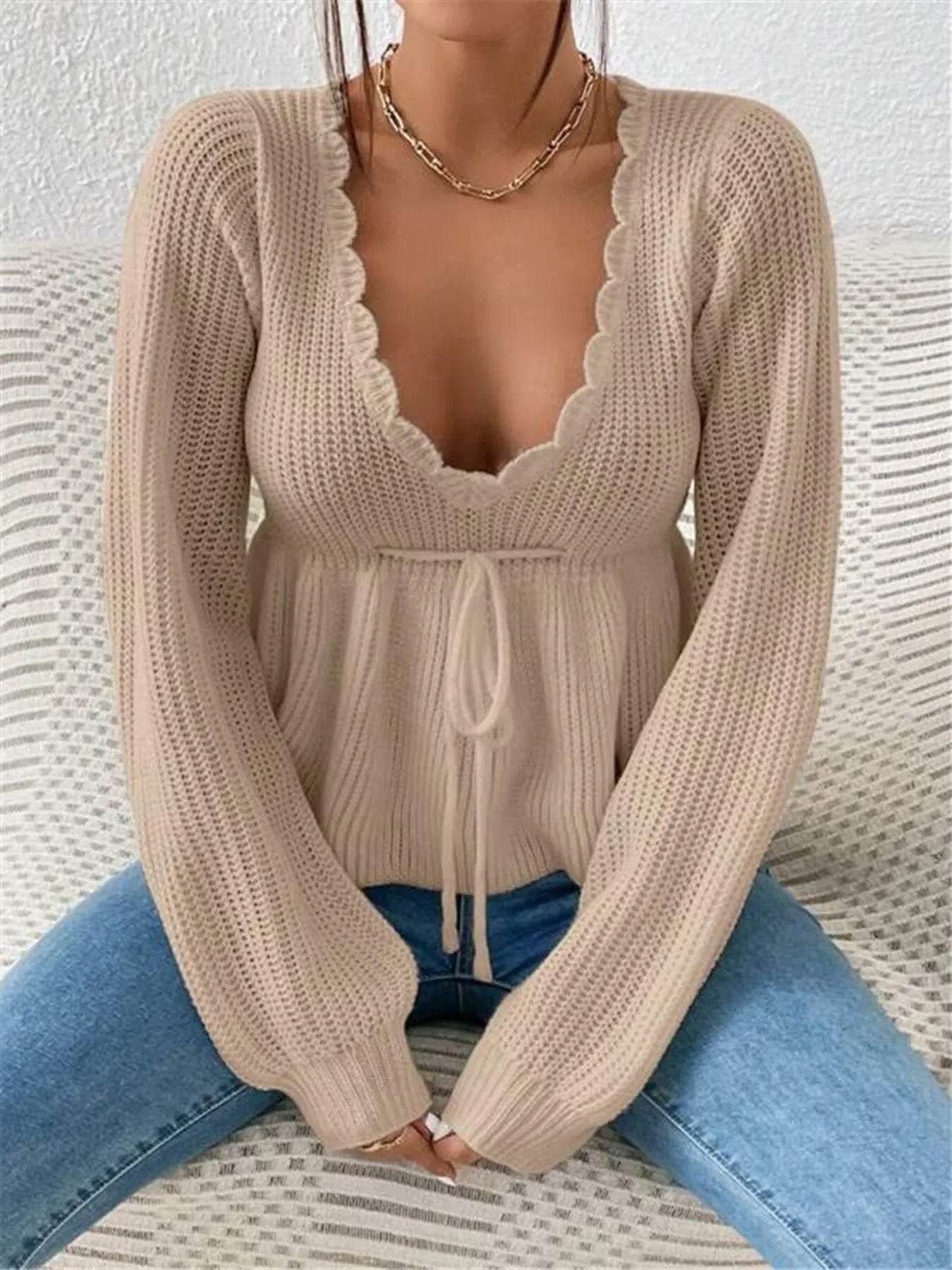 Scalloped V-Neck Drawstring Knit Top - IntuitiveEncBoutique