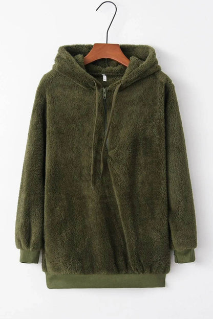 Full Size Quarter-Zip Drawstring Teddy Hoodie - IntuitiveEncBoutique