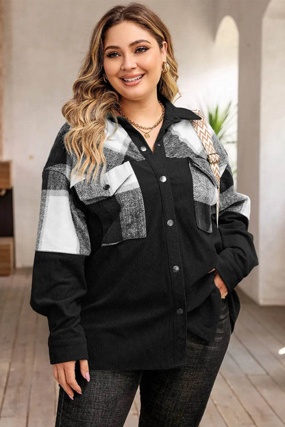Plus Size Plaid Snap Down Jacket with Pockets - IntuitiveEncBoutique