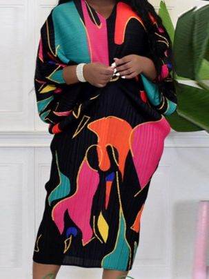 V-Neck Bat Sleeve Print Dress - IntuitiveEncBoutique