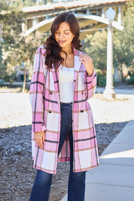 Double Take Full Size Plaid Button Up Lapel Collar Coat - IntuitiveEncBoutique