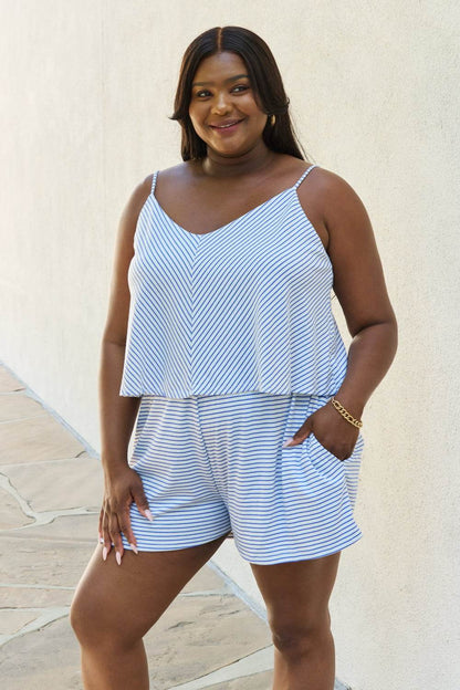Culture Code Let It Happen Full Size Double Flare Striped Romper in Cobalt Blue - IntuitiveEncBoutique