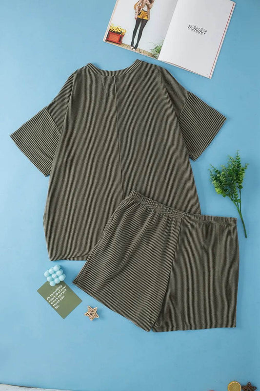 Plus Size Round Neck Top and Pocketed Shorts Set - IntuitiveEncBoutique