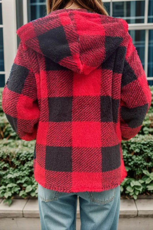Double Take Full Size Plaid Long Sleeve Hooded Coat - IntuitiveEncBoutique