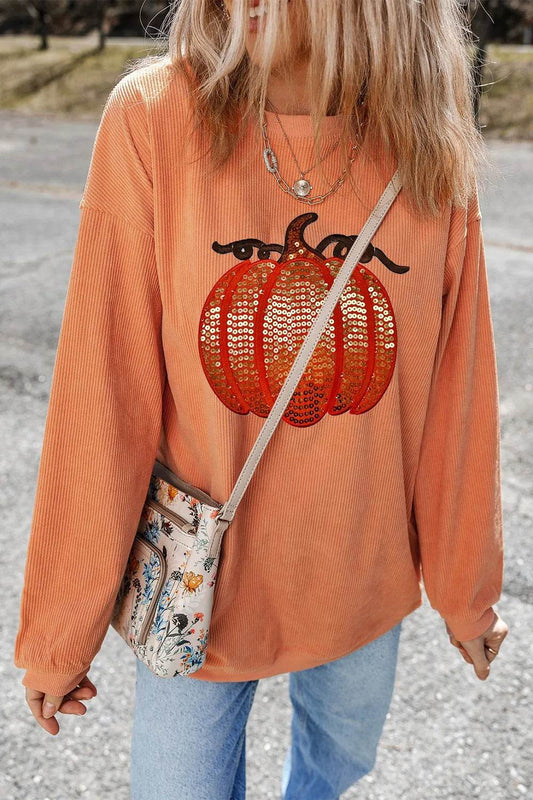 Sequin Pumpkin Round Neck Long Sleeve Sweatshirt - IntuitiveEncBoutique