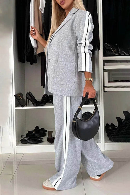 Full Size Contrast Lapel Collar Top and Pants Set - IntuitiveEncBoutique