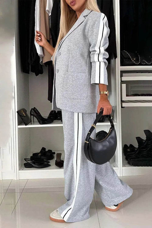 Full Size Contrast Lapel Collar Top and Pants Set - IntuitiveEncBoutique
