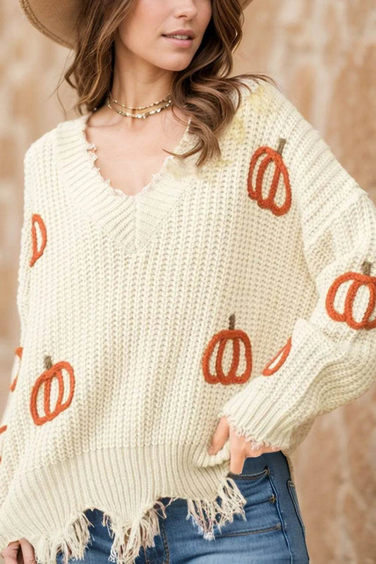 Raw Hem Pumpkin V-Neck Long Sleeve Sweater - IntuitiveEncBoutique