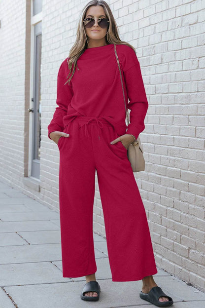 Double Take Full Size Textured Long Sleeve Top and Drawstring Pants Set - IntuitiveEncBoutique