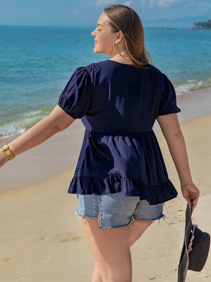 Plus Size Peplum V-Neck Short Sleeve Blouse - IntuitiveEncBoutique