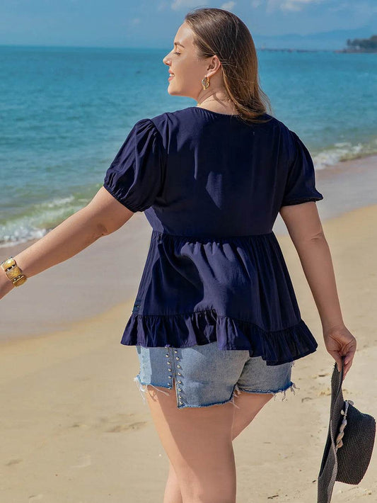 Plus Size Peplum V-Neck Short Sleeve Blouse - IntuitiveEncBoutique