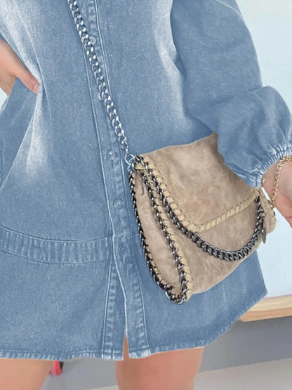 Full Size Button Front Long Sleeve Denim Dress Plus Size - IntuitiveEncBoutique