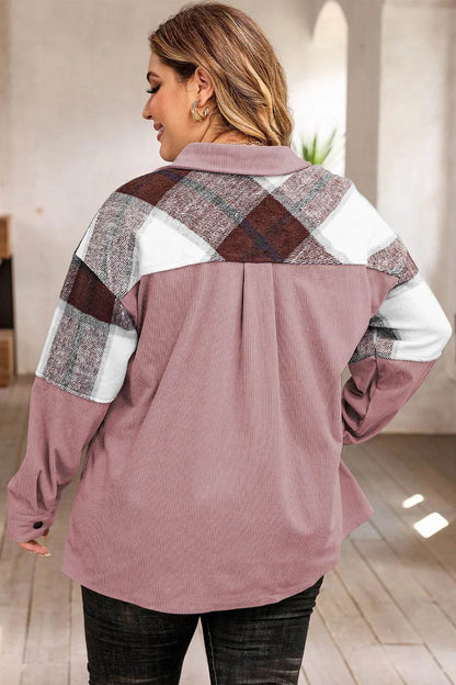 Plus Size Plaid Snap Down Jacket with Pockets - IntuitiveEncBoutique