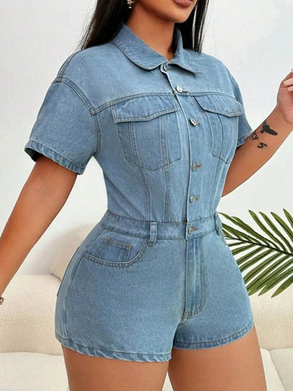 Collared Neck Short Sleeve Denim Romper - IntuitiveEncBoutique