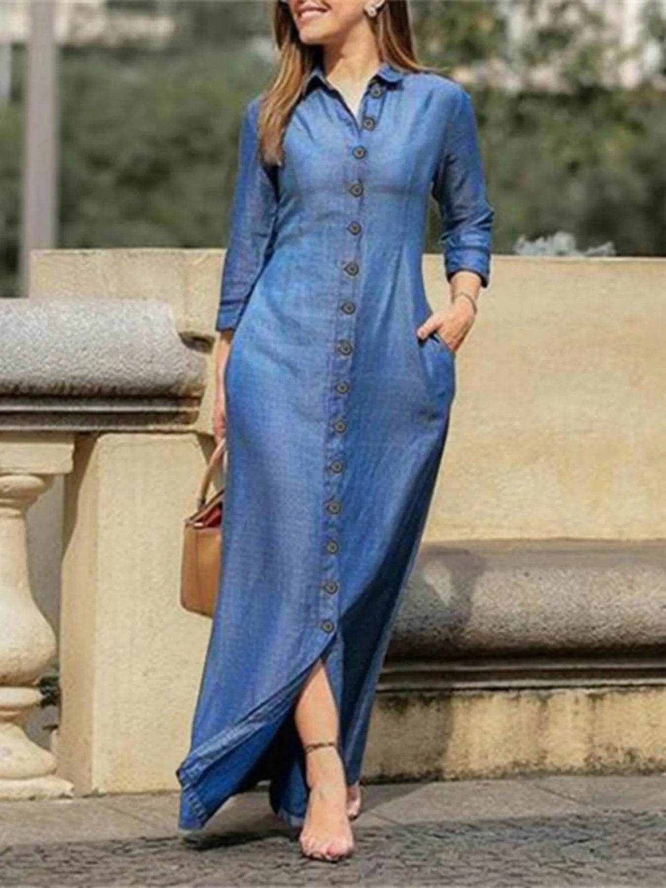 Full Size Button-Down Maxi Denim Dress Plus Size - IntuitiveEncBoutique
