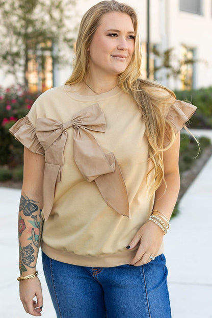 Parchment Ruffled Short Sleeve Bowknot Applique Crew Neck Plus Size Top - IntuitiveEncBoutique