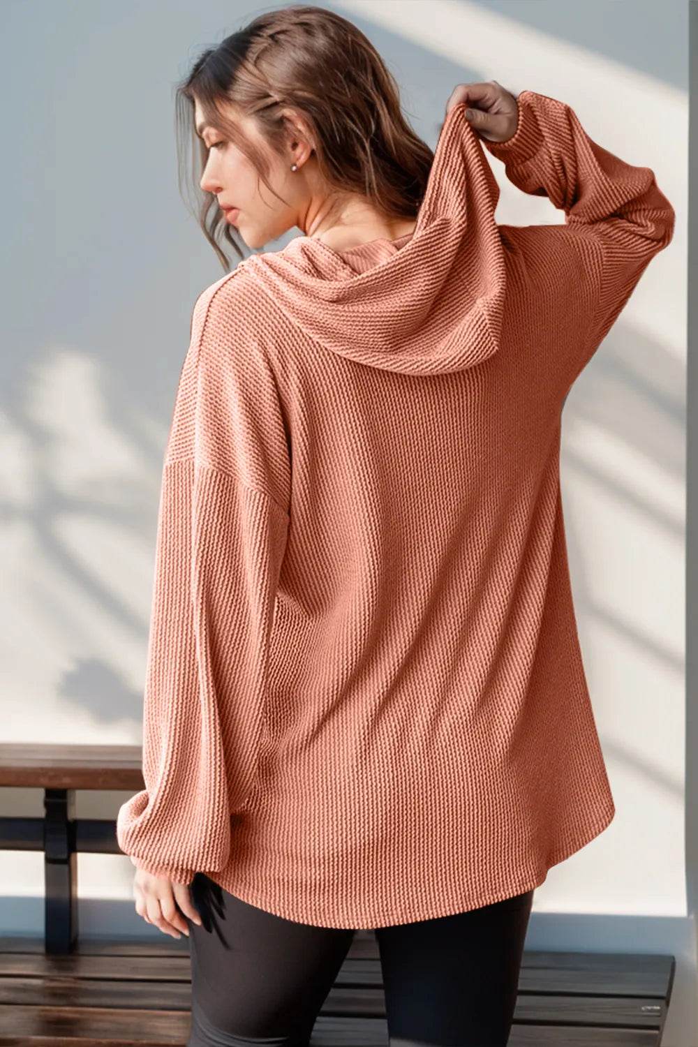 Double Take Full Size Half Button Long Sleeve Hoodie - IntuitiveEncBoutique