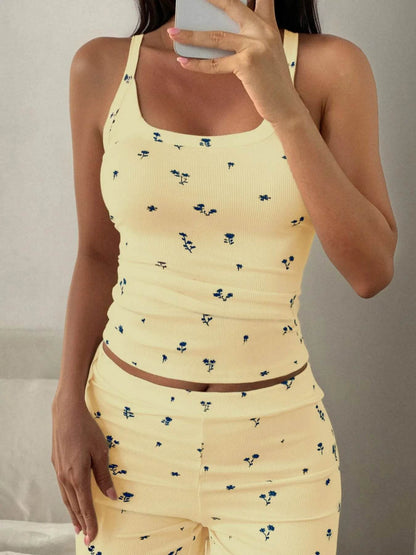 Floral Ribbed Cami and Wide Leg Pants Set - IntuitiveEncBoutique