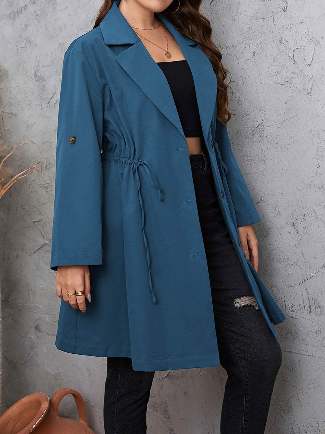 Honey Plus Size Lapel Collar Drawstring Roll-Tab Sleeve Trench Coat - IntuitiveEncBoutique