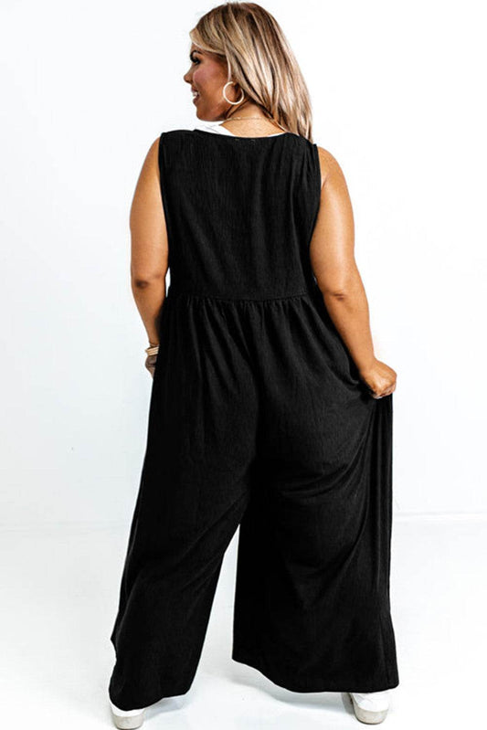 Black Plus Size Sleeveless Button Front Loose Jumpsuit - IntuitiveEncBoutique