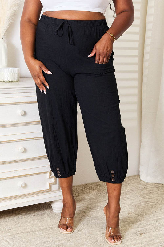 Shiny Decorative Button Cropped Pants - IntuitiveEncBoutique