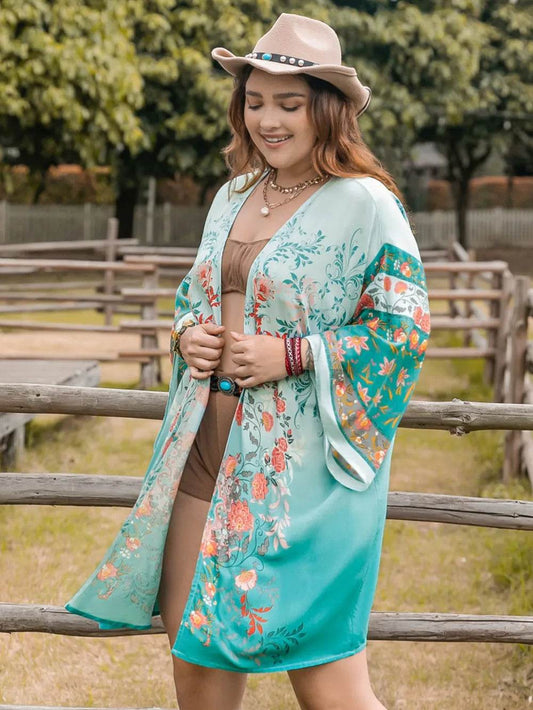 Plus Size Printed Open Front Long Sleeve Cover Up - IntuitiveEncBoutique