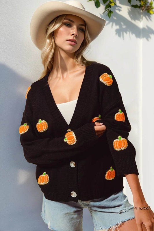Double Take Full Size Pumpkin Button Up Long Sleeve Cardigan - IntuitiveEncBoutique