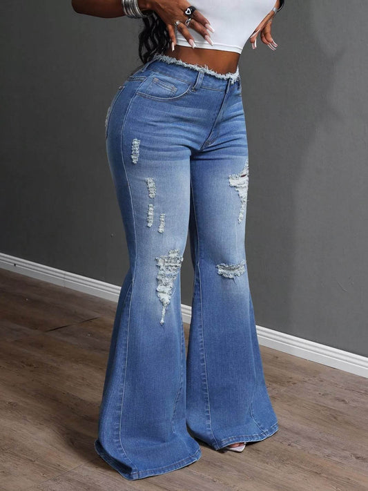 High Waisted Distressed Flare Jeans - IntuitiveEncBoutique