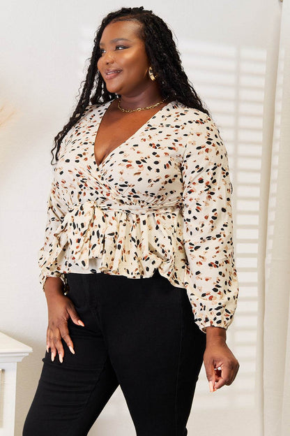 Honey Printed Tied Plunge Peplum Blouse - IntuitiveEncBoutique