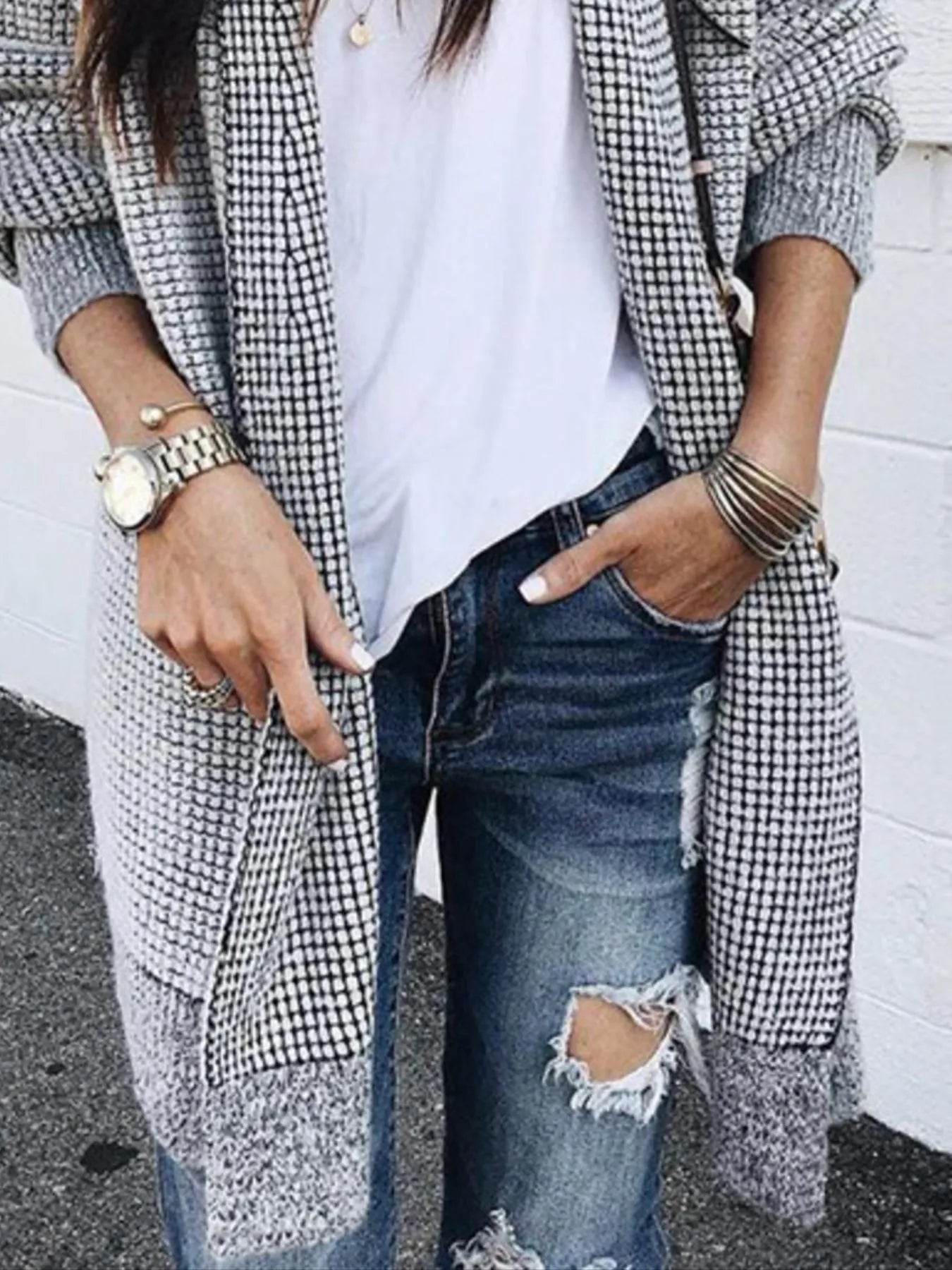 Contrast Plaid Longline Cardigan with Ribbed Trim - IntuitiveEncBoutique