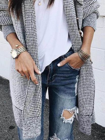 Contrast Plaid Longline Cardigan with Ribbed Trim - IntuitiveEncBoutique