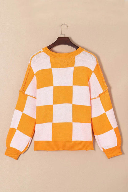 Pumpkin Checkered Round Neck Long Sleeve Sweater - IntuitiveEncBoutique