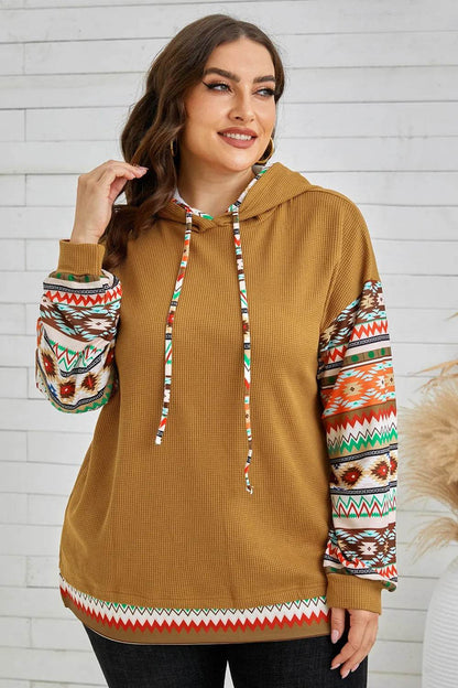 Plus Size Waffle-Knit Geometric Dropped Shoulder Hoodie - IntuitiveEncBoutique