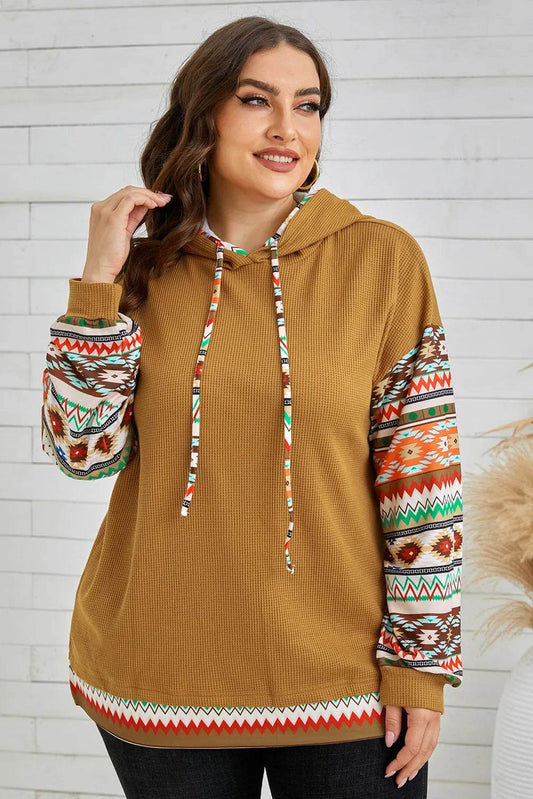 Plus Size Waffle-Knit Geometric Dropped Shoulder Hoodie - IntuitiveEncBoutique
