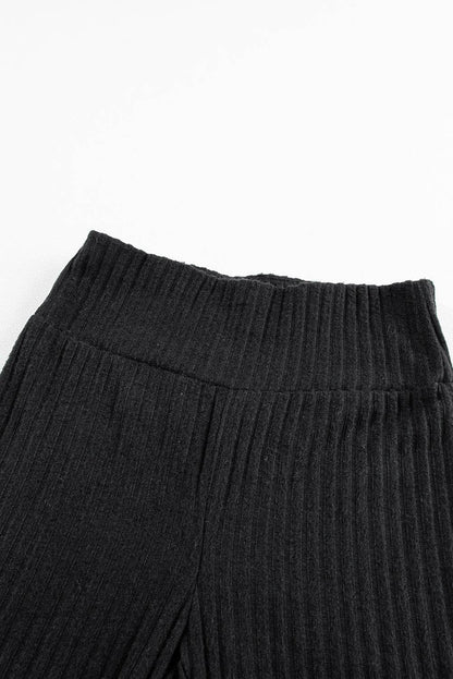 Dark Grey Wide Waistband Ribbed Textured Knit Leggings - IntuitiveEncBoutique