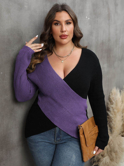 Plus Size Two-Tone Surplice Neck Sweater - IntuitiveEncBoutique
