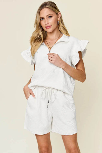 Double Take Full Size Texture Flounce Sleeve Top and Drawstring Shorts Set - IntuitiveEncBoutique