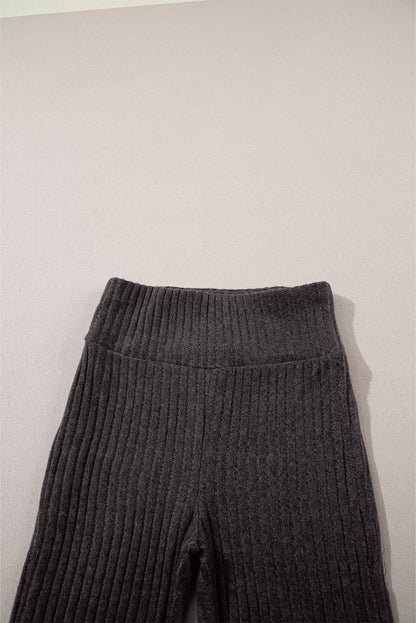 Dark Grey Wide Waistband Ribbed Textured Knit Leggings - IntuitiveEncBoutique
