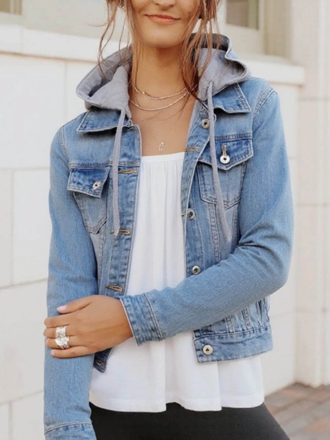 Full Size Button Up Drawstring Hooded Denim Jacket Plus Size - IntuitiveEncBoutique