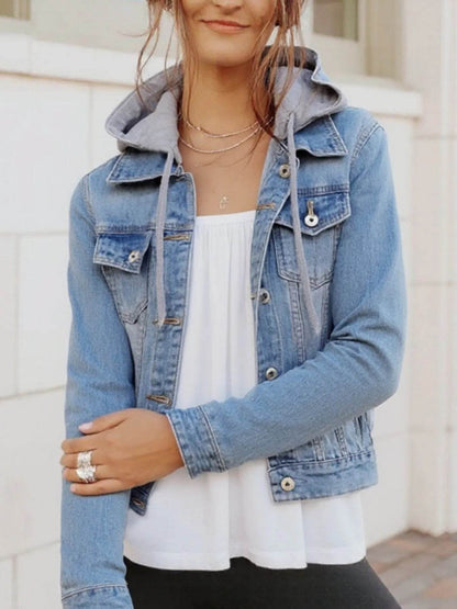 Full Size Button Up Drawstring Hooded Denim Jacket Plus Size - IntuitiveEncBoutique